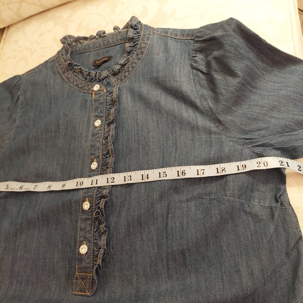 Talbots Wms Ruffle Collar Denim Popover Cotton Shirt Sparkle Buttons L NEW! $100 - Picture 5 of 13